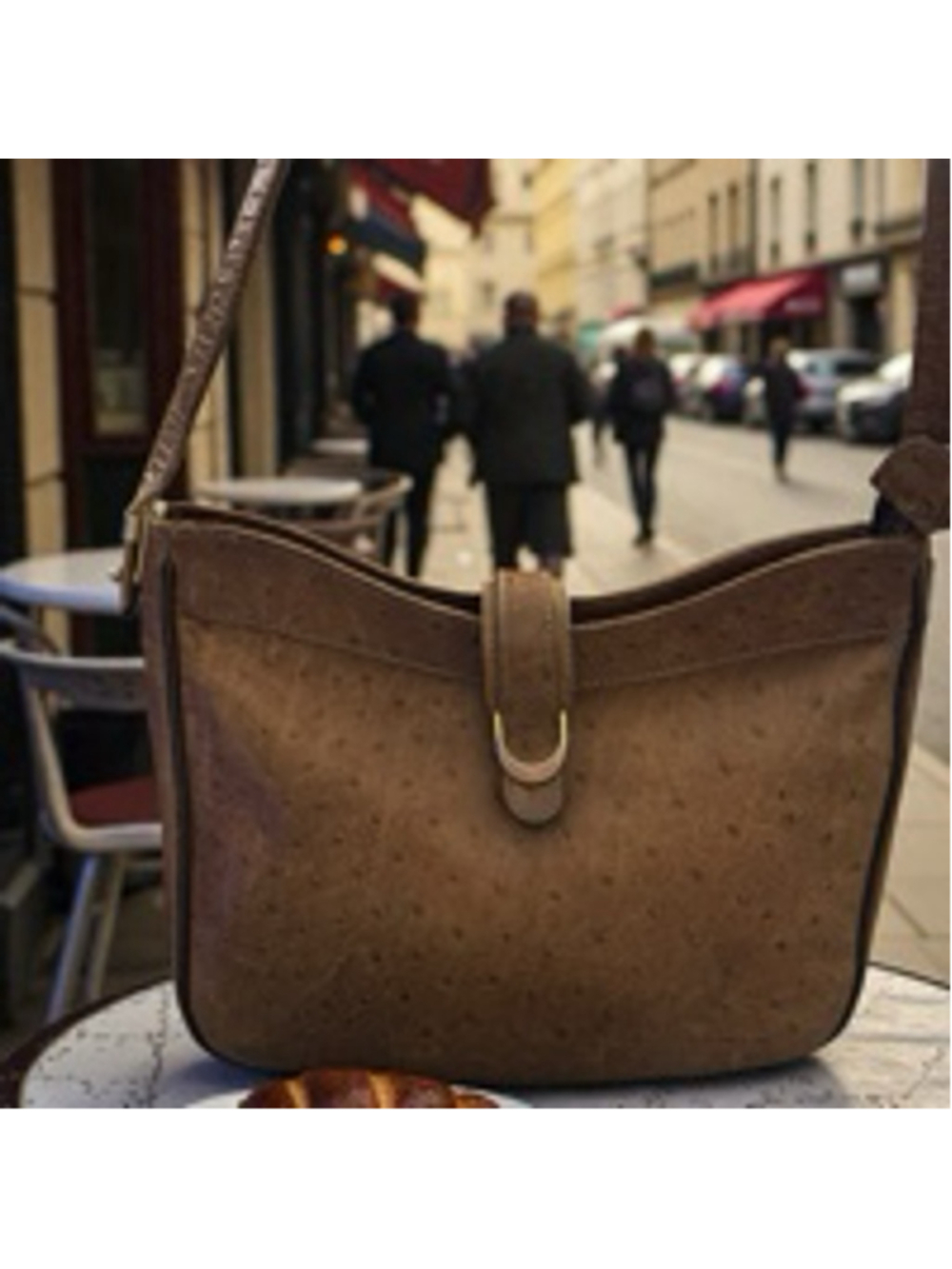 Vintage Pourchet Paris Ostrich-Embossed Leather Shoulder Bag